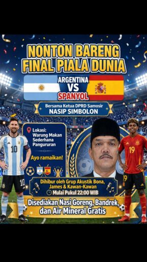 Ketua DPRD Samosir Ajak Warga Nobar Final Piala Dunia 2026 Di RM Sederhana Samping Polsek Pangururan Sambil Menikmati Nasgor Dan Bandrek Secara Cuma Cuma Ketua DPRD Samosir Ajak Warga Nobar Final Piala Dunia 2026 Di RM Sederhana Samping Polsek Pangururan Sambil Menikmati Nasgor Dan Bandrek Secara Cuma Cuma